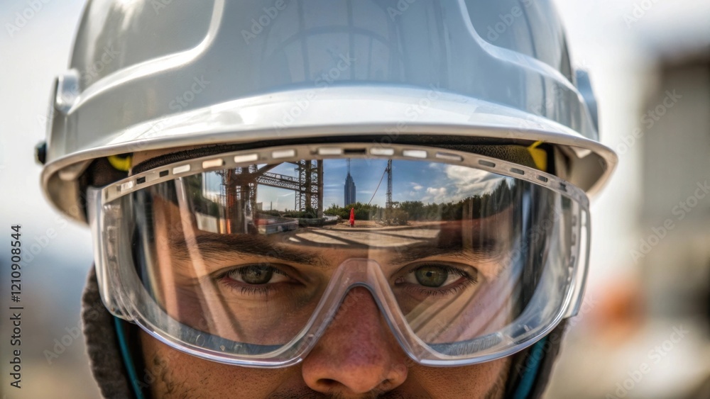 Poster safety gear reflection closeup on the workers face partially obscured by a reflective safety helmet 