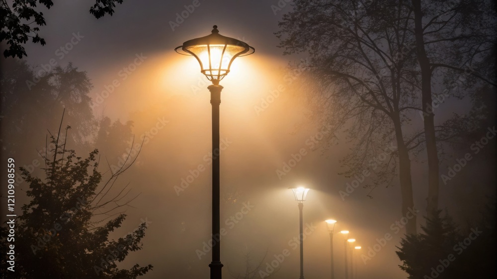 Poster streetlights in the mist closeup of a streetlight casting a warm glow through the thick fog its ligh