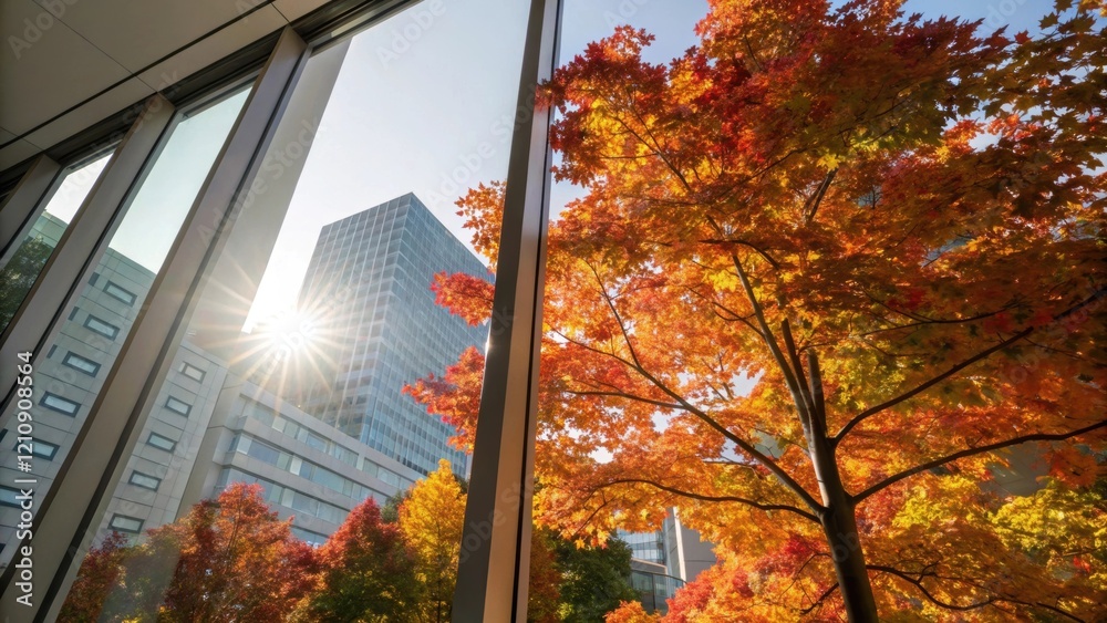 Poster Sunlight filters through a clean glass pane illuminating the vibrant autumn leaves of a tree outside contrasting against the sharp lines of modern buildings layered in the