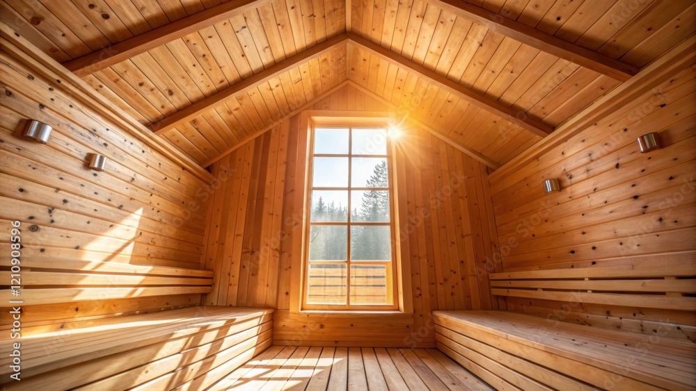 Poster Sunlight filters through a window illuminating the interior of a mass timber structure. The warm tones of the wood walls and ceiling create an inviting atmosphere enhancing the
