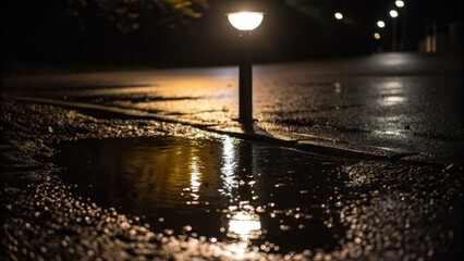 Rainy Reflection A closeup of a streetlight reflecting in a puddle on the pavement with the light distorting slightly on the waters surface while the surrounding darkness seems to