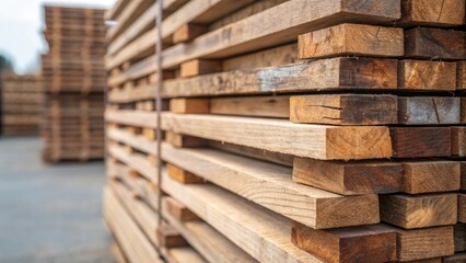 Salvaged Wood Piles Closeup of carefully stacked salvaged wood planks intended for reuse in future projects reflecting a sustainable approach by repurposing materials that would