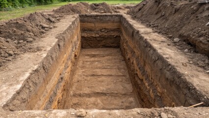 Site Overview A closeup of a rectangular trench dug into the earth with layers of soil visible showcasing the stratigraphy essential for understanding the timeline of human