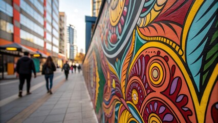 Street Art A closeup of an intricate mural on a nearby wall featuring abstract designs and vivid colors. Passersby pause to admire the artwork which adds a dynamic and creative