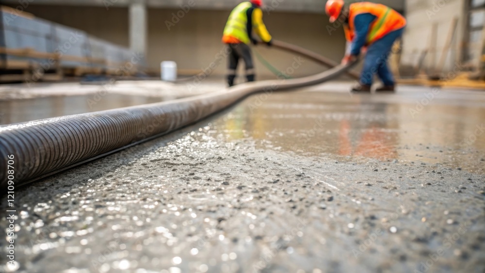 Poster the image showcases a medium closeup of workers carefully guiding a large hose with the textured sur