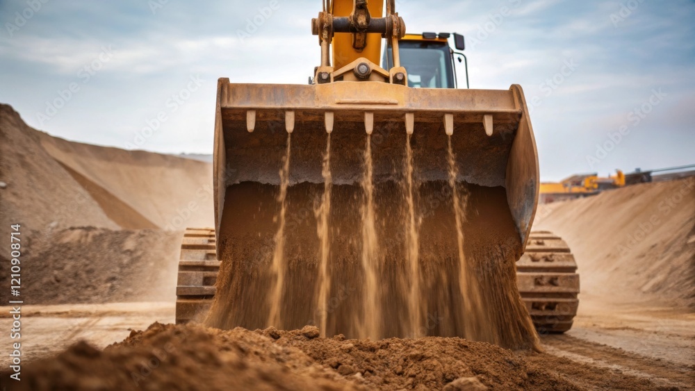 Poster the impressive scoop of the excavator midaction with soil cascading down like an avalanche illustrat