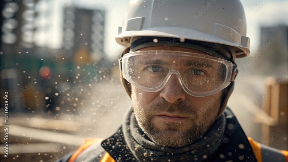 Aufkleber the project manager is captured in a closeup shot wearing safety goggles and a helmet as they inspec