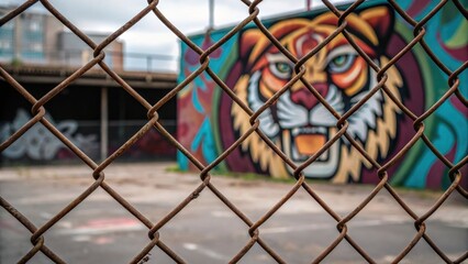 The intricate details of a mural showcasing a stylized animal are partially obscured by the grid of a weathered fence emphasizing the tension between urban art and confinement.