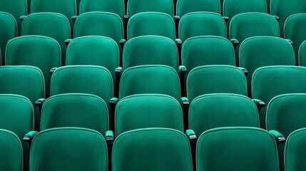 Fototapeta premium Neatly aligned row of empty green seats in an old theater, with visible signs of age, creating a nostalgic scene