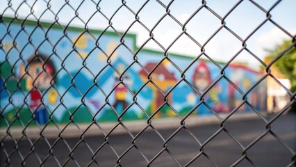 The mesh of the fence shot at a slight angle blurs the edges of a quirky mural depicting whimsical characters creating a sense of mystery and curiosity about the scene beyond.