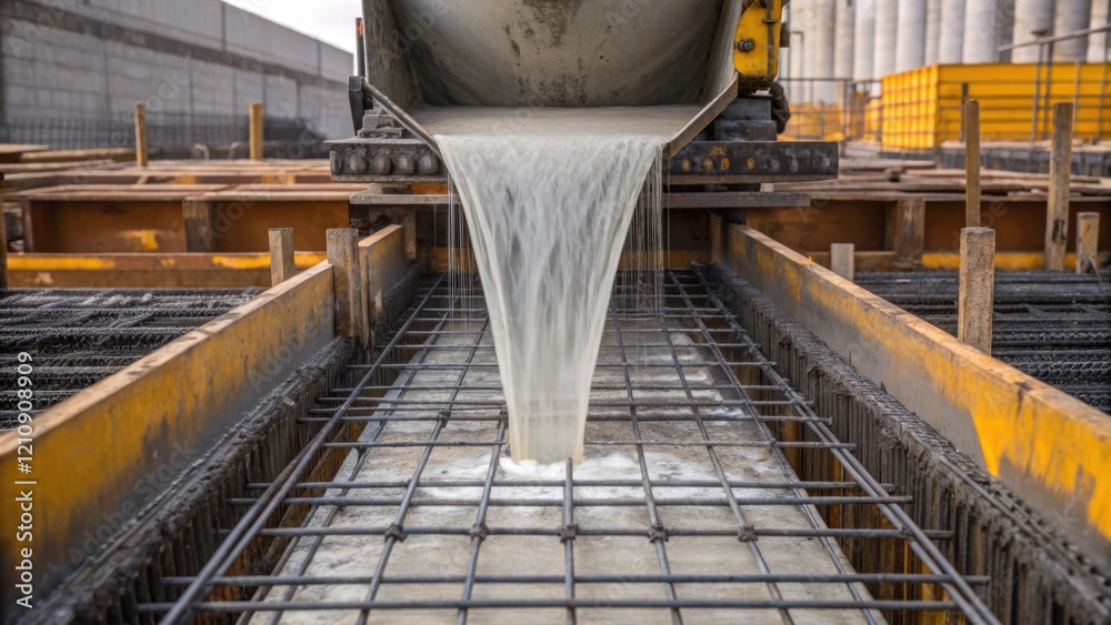 Poster timelapse of a concrete mixer pouring wet concrete into molds with the fluid motion contrasting agai