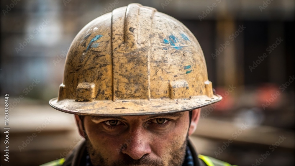 Poster Worn Hard Hat A closeup emphasizing the aged hard hat resting slightly askew on the workers head with visible scratches and paint chips symbolizing the years of service and