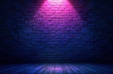 Neon purple, blue light illuminates dark brick wall. Grunge brick wall background with wooden floor. Stylish, urban scene. Dark interior. Vintage style architecture. Aged brickwork with modern