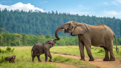 Obraz premium Joyful encounter of an elephant and her calf in a lush landscape nature photography heartwarming moment