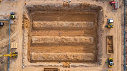 A closeup aerial photograph of a large foundation excavation depicting the layered soil and gravel with earthmoving equipment visible and workers overseeing the progress.