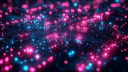Abstract Futuristic Technology Background with Glowing Blue and Pink Particles
