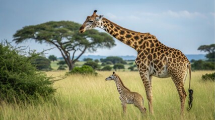 Obraz premium Giraffe watching over its calf african savanna wildlife photography open grassland eye-level perspective maternal bonding