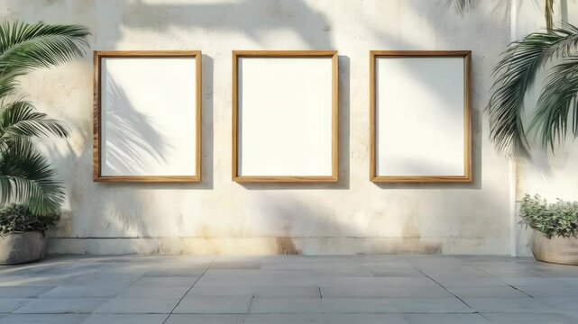 Sunlit gallery wall with wooden frames and palm shadows in tranquil outdoor setting