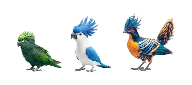 Colorful birds display unique features and vibrant plumage in a natural setting during daylight hours