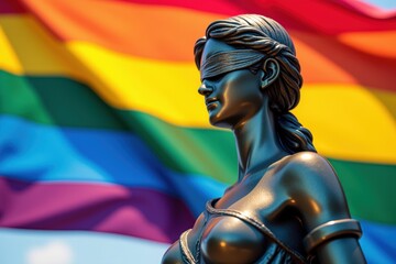 Blindfolded Lady Justice Statue Against a Vibrant Rainbow Flag Symbolizing Equality, Freedom, and LGBTQ+ Pride