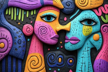 Obraz premium Colorful abstract faces in a vibrant, textured design emphasizing connection.
