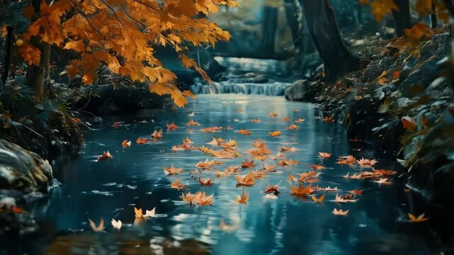 Autumn leaves gently floating downstream in tranquil forest scene