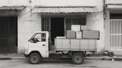 A small pickup truck loaded with boxes parked in front of a building.