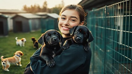 A girl joyfully holds two puppies in a playful outdoor setting. - Powered by Adobe