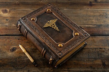 Old leather book with the symbol the Staff of Hermes, also known as the Caduceus, is deeply rooted...