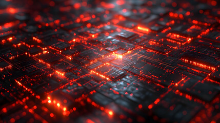 Abstract Red Circuit Board Glowing in the Dark with Intricate Details