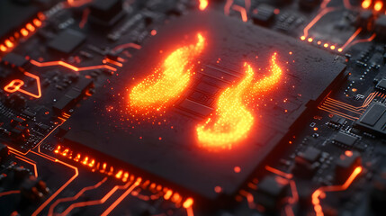 Intense Glowing Flames on a Circuit Board: Abstract Technology Concept