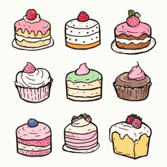 Hand-Drawn Colorful Cupcakes and Mini Cakes on Cream Background Perfect for Dessert Lovers and Sweets Enthusiasts