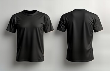 Blank black t-shirt front, back view. Versatile garment for various designs. Stylish, trendy apparel. Comfortable casual attire. Casual unisex design. Realistic digital mockup. High quality apparel