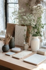 Minimalist Designer Workspace with Mood Board Featuring Color Swatches Textures Natural Light and Green Plants