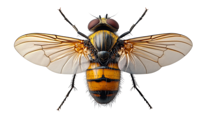 A large yellow and black fly with a black head. The fly is laying on a white background
