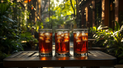 Three glasses of iced beverage on a wooden table in a lush garden setting