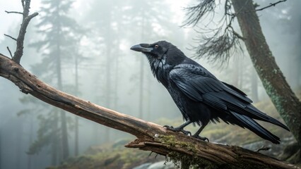 Fototapeta premium Mysterious raven observing nature foggy forest wildlife photography serene landscape close-up enigmatic presence