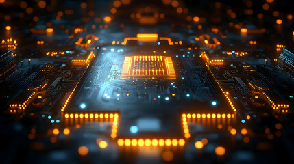 Abstract Glowing Circuit Board with Orange and Blue Highlights