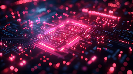 Fototapeta premium Abstract Close-up of Glowing Circuit Board with Integrated Microchip, High-Tech Digital Technology Concept