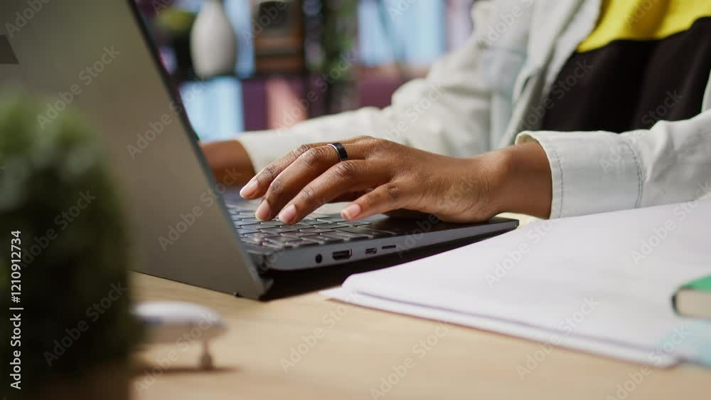 Poster teleworker typing on notebook keyboard in home office to write emails. remote worker using laptop, c