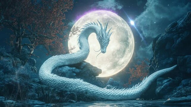 a beautiful full moon night with the appearance of a very stunning white dragon. seamless looping time-lapse virtual 4k video Animation Background.	