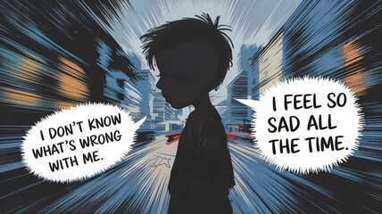 Silhouette of Boy with Speech Bubbles Over Blurred City Background,Moody Silhouette of Sad Boy in Urban Setting, Emotional Illustration of Boy with Speech Bubbles