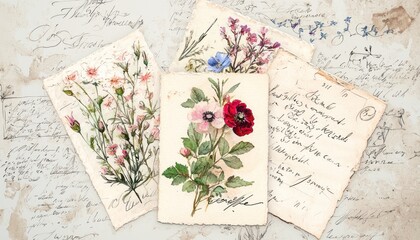 Watercolor illustrations vintage postcards adorned with pressed flowers and elegant script.