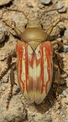 Detailed Close-Up of Colorful Scarab Beetle on Textured Earthy Surface | Unique Entomology and Insect Study, Vibrant Stripes, Natural Habitat, Macro Photography