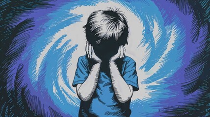 Child Silhouette with Hands Over Ears, Emotional Artwork of Boy in Isolation,Silhouette of Boy Covering Ears Against Swirling Blue and Purple Background