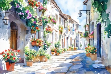 Watercolor illustrations quaint village streets lined with flower boxes and ivy-covered walls.
