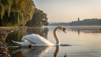 Fototapeta premium Graceful swan swimming in serene lake at dawn nature photography tranquil environment scenic view