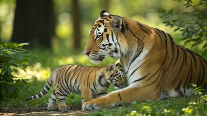 Obraz premium Tiger mother nurturing cub in lush green forest wildlife photography natural habitat close-up maternal instincts