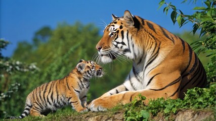 Obraz premium Tiger mother and cub a captivating encounter in the wild nature photography close-up perspective family bonding