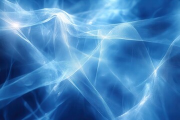 dynamic abstract composition of intersecting white light trails against deep blue background ethereal and luminous digital art style